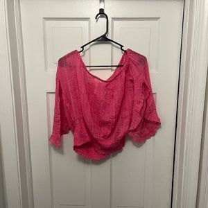 Pink Open Long Sleeve Ruffled Waist Off Shoulder Top